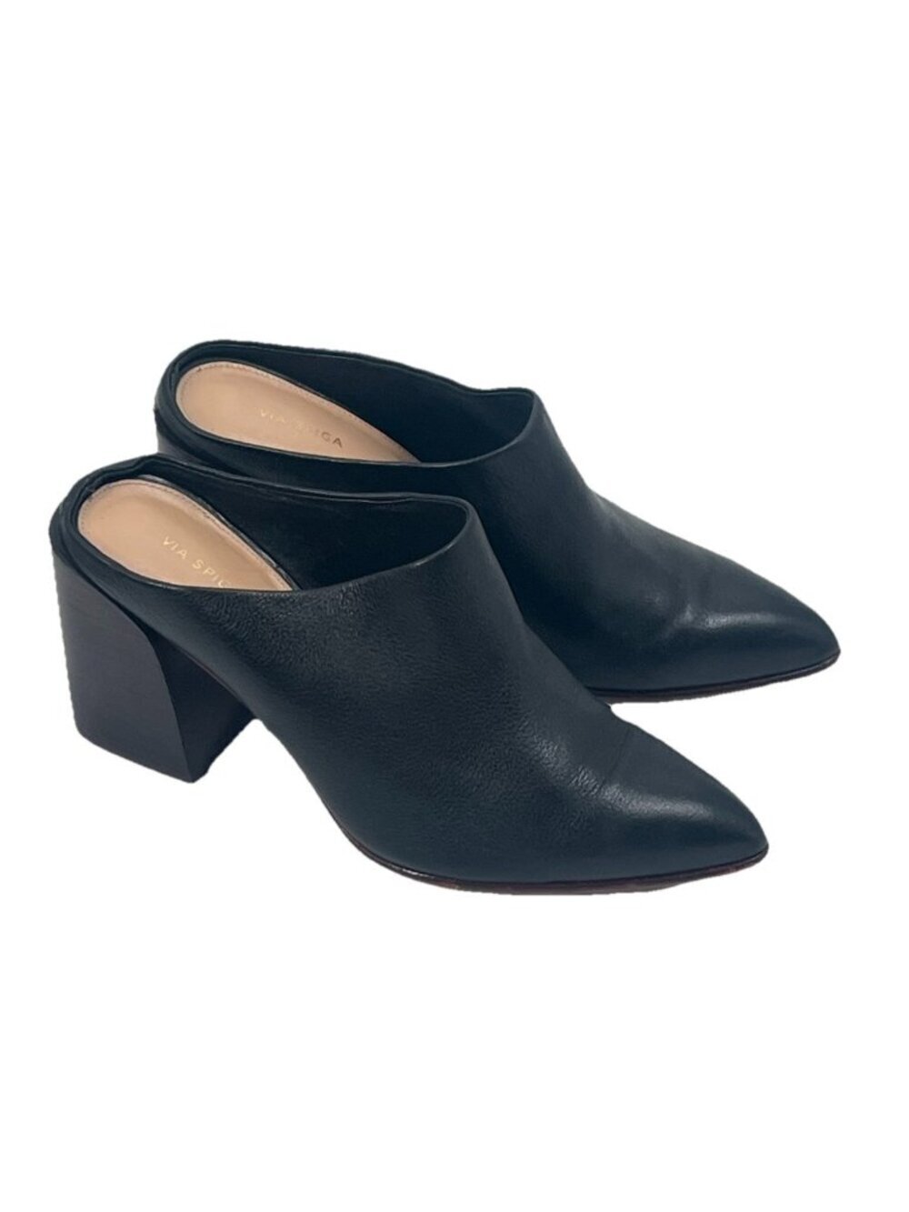 Via Spiga Black Leather Pointed Toe Mule Block Heel Sz 8 Quiet Luxury Minimalist